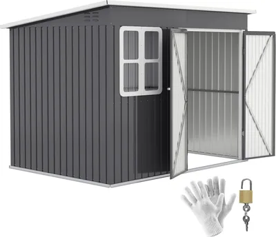 Produktbild von Gerätehaus 4,13 m³, Gartenhaus, 260 x 177 x 190 cm, Geräteschuppen mit Fenster, Abschließbar Tür, Fahrradgarage, Gartenschrank aus Stahl, für Hinterhof, Garten, Dunkelgrau |