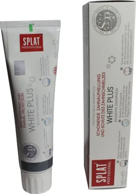 A tube of SPLAT Professional White Plus toothpaste and its packaging.