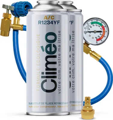 Image de Climeo 2x400ml + tuyau avec manomètre + adaptateur - Fluide frigorigène écologique R1234yf | Service indépendant de climatisation
