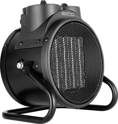 A black fan heater with a metal grill and a black metal stand, shown from a side-angle.