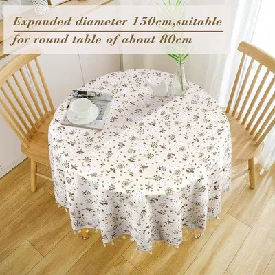 Produktbild von Famanu Tischdecke rund - wasserabweisend - aus Baumwolle und Leinen - beige mit Blumenmuster - 150 cm Durchmesser