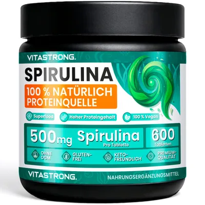 Obrázok produktu pre Vitastrong Spirulina 600 tabliet | 500 mg | 10-mesačná zásoba | Čistá Spirulina Platensis | Vegánska, bezlepková, bez GMO, vhodná pre ketodiétu