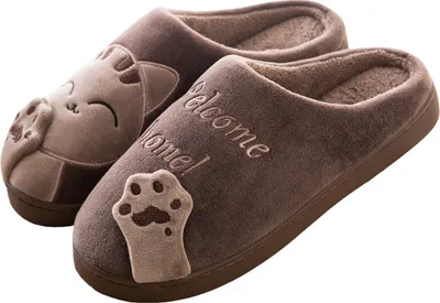 Produktbild von Damen Herren Hausschuhe Pantoffeln Plüsch Slippper Welcome Home Braun Gr.42/43
