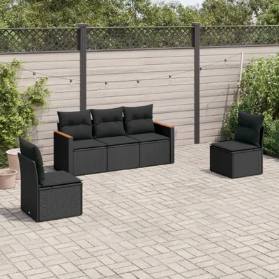 Produktbild von Design 5-tlg. Garten-Sofagarnitur mit Kissen Schwarz Poly Rattan, Gartenmöbel-Sets 2024 Neu