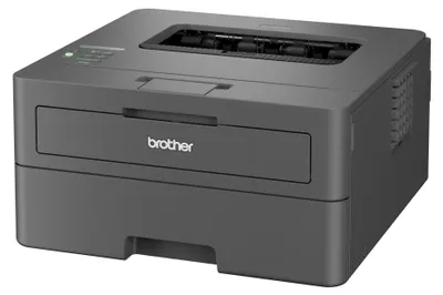 A black Brother laser printer is shown from a three-quarter front angle on a white background.