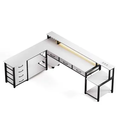 A white L-shaped desk with black metal frame, drawers, and shelves, shown from a slightly elevated angle against a white background.