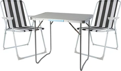 A camping table and two chairs set.