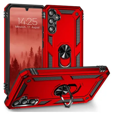 A red phone case with a ring holder is displayed diagonally, with a phone screen showing a forest scene and time.