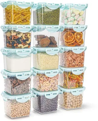 Image de Ensemble Unyqoos® – 15 boîtes de conservation transparentes de 650 ml (11 x 10 cm), en plastique sans BPA, avec couvercles bleus hermétiques, adaptées au congélateur et au micro-ondes (sans couvercle)