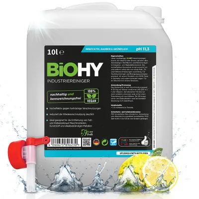 Produktbild von BiOHY Industriereiniger (10l Kanister) + Auslaufhahn | niedrigschäumender Schmutzbrecher | entfernt Fette und Öle auf allen wasserfesten Oberflächen | geeignet für den Industrie- und Werkstattbereich