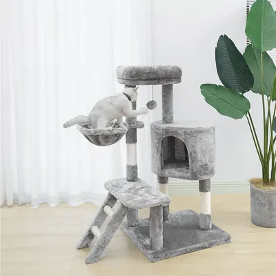 Produktbild von NYVI Katzen Kratzbaum Figaro 102 cm groß grau - Deluxe Katzenbaum mit Katzenhöhle, Hängematte, Plattform, Katzenspielzeug und Sisal Kratz Säule - Stabiles und Robustes Katzenhaus