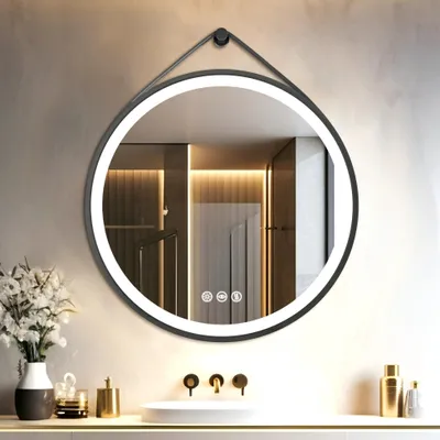 Zdjęcie produktu dla Lustro LED WISFOR, okrągłe, 60 cm, lustro łazienkowe z oświetleniem, pasek skórzany, funkcja pamięci, powłoka antyfogowa
