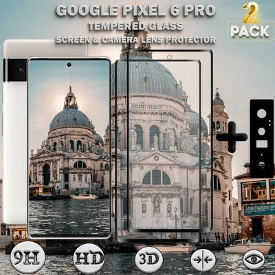 A product image showing a Google Pixel 6 Pro phone with screen and camera lens protectors, set against a backdrop of a Venetian canal and building.