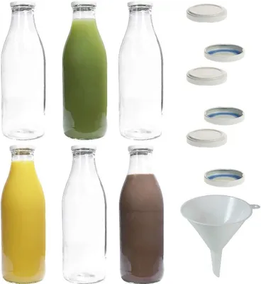 Productafbeelding van Glazen fles 1 liter met 12x PVC-vrije schroefdop incl. trechter - Set van 6