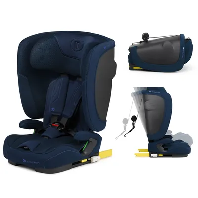 A collage of images showing a navy blue car seat from different angles and in different configurations, including a folded state and a demonstration of its adjustment mechanism.