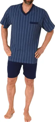 Produktbild von Herren kurzarm Schlafanzug Shorty Pyjama in Streifenoptik - auch in Übergrössen ; marine , 48