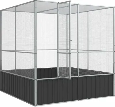 A large, empty aviary cage with a silver metal frame and black base.