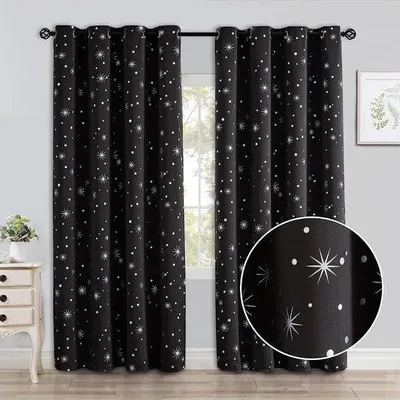 Obrázok produktu pre Záclony Unyqoos® Verdunkelungsvorhänge, čierne, 2 kusy – termozáclony s 8 striebornými okami a motívom hviezdičiek, polyester, výška 225 cm, šírka 140 cm (na jeden kus)
