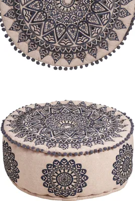 Obrázek produktu pro Marrakech pouf sedák kulatý 50 x 25 cm s výplní | Orientální taburet sedák Aziza černý z bavlny s výšivkou s motivem mandaly | Boho sedák pouf jako dekorace do obývacího pokoje ložnice