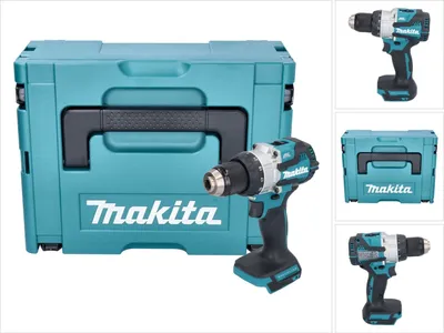 A collage of images showing a Makita cordless drill and its storage case.