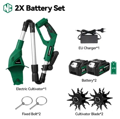 Image de Bineuse électrique sur batterie - Motobineuse sans fil - 21V - Largeur de travail de 20 cm - Profondeur de travail de 15 cm - Diamètre des lames de 15 cm - Batterie 3,0 Ah