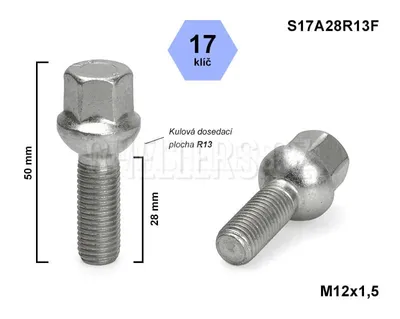 Obrázek produktu pro Kolový šroub M12x1,5x28 kulový R13, Audi, Seat, Škoda, VW, klíč 17, S17A28R13F, výška 50 mm