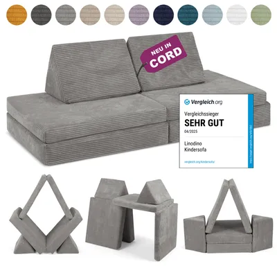 Produktbild von Linodino Spielsofa Cord - Kindersofa | Kinder Couch als Kuschelecke und Indoor Spielplatz | Kinder Sofa aus Schaumstoff Bausteinen I Elefanten Grau