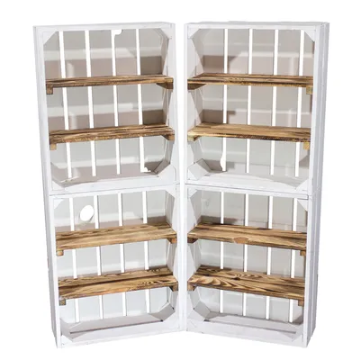 Two white wooden crates with burnt wood shelves, arranged side-by-side.