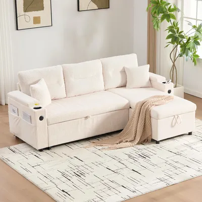 Image de OKWISH Canapé Convertible 3 Places avec Rangement Hydraulique et Porte-Gobelet, Velours Côtelé, 212,5 x 136 x 86 cm - Beige