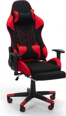 A gaming chair with a black and red color scheme is shown against a white background.