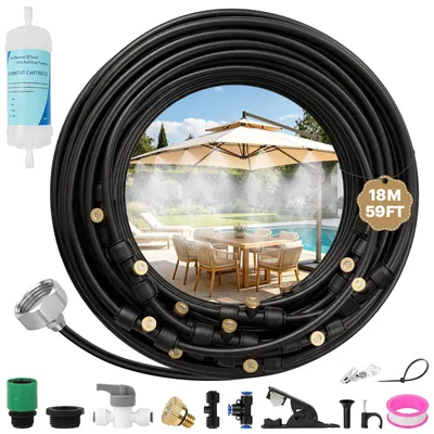 Immagine prodotto di Sistema di raffreddamento a nebulizzazione per terrazza, con tubo da 18 metri e 25 ugelli spray, ideale per giardino e spazi esterni