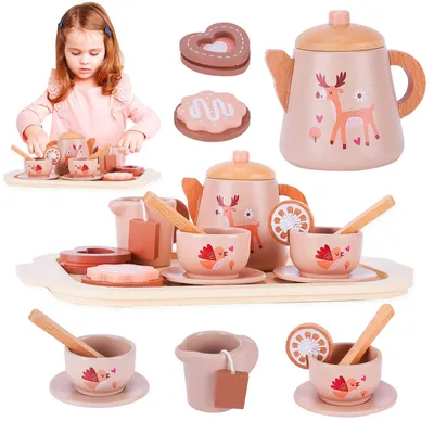 Produktbild von Teeservice Kinder Holz, Küchenzubehör Kinder Holz, Tee Set Holzspielzeug, Küchenspielzeug Rollenspiele Geschenk Mädchen Jungen, Teeparty-Set, Geschenk