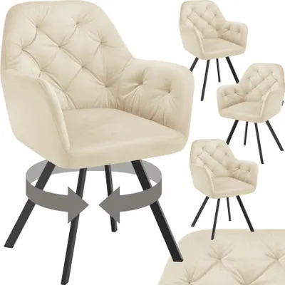 A collage of cream-colored velvet armchairs with tufted detailing and black metal legs. The main image shows a chair with a circular rotation indicator around its base.