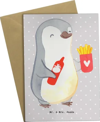 Produktbild von Mr. & Mrs. Panda Grußkarte Imbissverkäufer Herz - Grau Pastell - Geschenk, weihnachtskarten, Pommesverkäufer, Pommesliebe, osterkarte, vatertagskarte, Pommes mit Ketchup