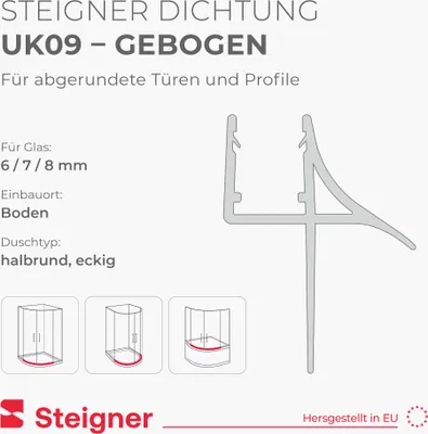 Zdjęcie produktu dla Uszczelka prysznicowa STEIGNER, wstępnie wygięta, 90 cm UK09 (1 szt.) przezroczysta – wstępnie wygięta uszczelka podłogowa do prysznica okrągłego lub kabiny prysznicowej w kształcie ćwiartki koła z drzwiami prysznicowymi 6–8 mm – elastyczny materiał, idealne dopasowanie