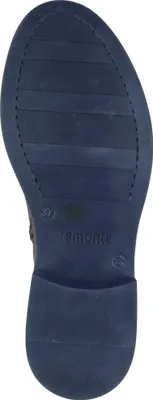 The sole of a blue shoe is shown against a white background.