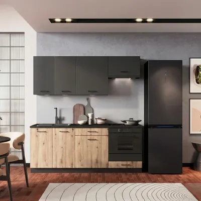 Obrázek produktu pro Kuchyňská linka 200 cm - Grafit a Dub Artisan - s černou pracovní deskou - horní a dolní skříňky - Designový kuchyňský nábytek - ANIKA