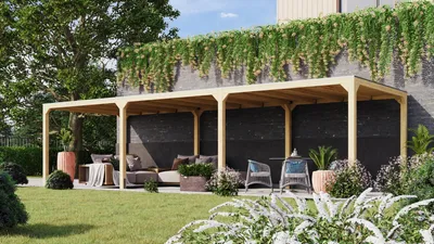 Produktbild von Leimholz Pavillon Holz Gartenpavillon Gartenlaube Cubus Pavillon im Set mit 2 Verlängerung naturbelassen  320x934x239 cm
