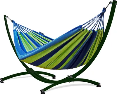 Produktbild von Potenza Outdoor Hängematte mit Gestell für 2 Personen I Baumwolle Doppelhängematte XXL 220x160, 200kg I Grün Hängemattengestell 220kg, wetterfest