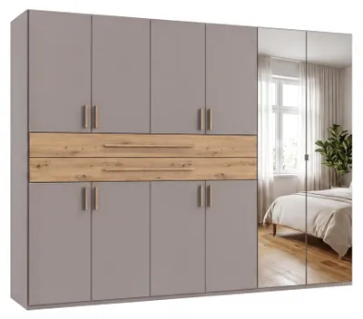 Productafbeelding van Draaideurkledingkast, 270 cm, zandgrijs, met lades en spiegel, eikenhout Artisan / 22647