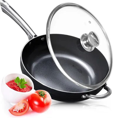 Immagine prodotto di Padella da cucina da 28 cm, adatta per induzione, con coperchio in vetro, bordi alti, rivestimento antiaderente in Vetroceramica
