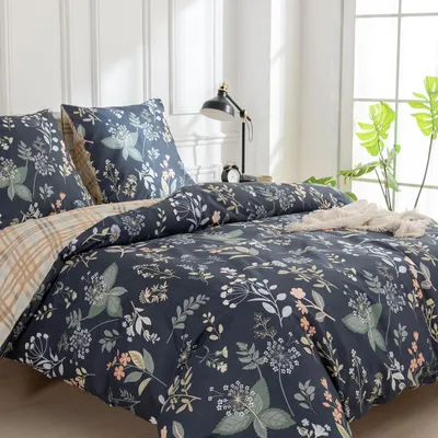 Produktbild von Bettwäsche-Set 240x220 cm Mikrofaser Blumenmuster Blau 3-teilig mit Reißverschluss