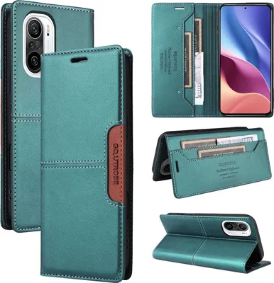 Collage of images showing a teal flip wallet phone case for a Xiaomi Poco F3/Redmi K40, with different views and angles.