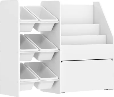Produktbild von Spielzeugregal, Kinderzimmerregal mit 6 Behälter, Bücherablage, rollbare Box, 100 x 30 x 80 cm, MDF, Stahl, Weiß