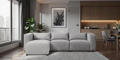 Produktbild von Ecksofa Designersofa NEVIO in Stoff Lincoln Grau Ottomane Links