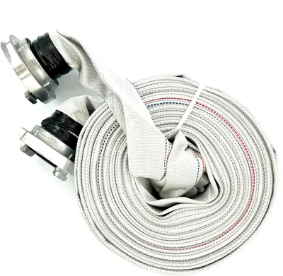 A rolled-up fire hose with two couplings attached, presented on a white background.