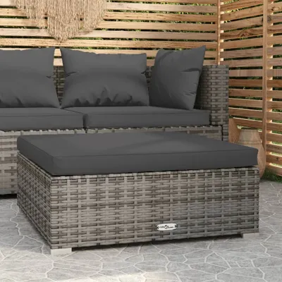 Produktbild von The Living Store Garten-Fußhocker mit Kissen Grau 70x70x30 cm Poly Rattan