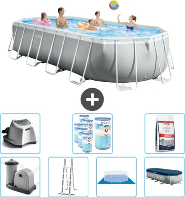 Produktbild von Intex Oval Prism Frame Swimmingpool – 610 x 305 x 122 cm – Grau – inklusive Pumpe – Leiter – Bodenplane – Abdeckung Salzwassersystem - Filter - Poolsalz