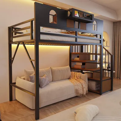 Produktbild von okwish Jugendbett 90×200 mit Lichtleiste und Erhöhte Umzäunung,Hochbett mit Stauraumleiter und Ablagefach,Einzelbett Schwarz,ohne Matratze