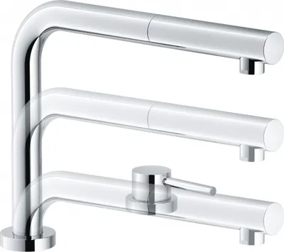 A chrome faucet with a pull-out spout is shown against a white background.